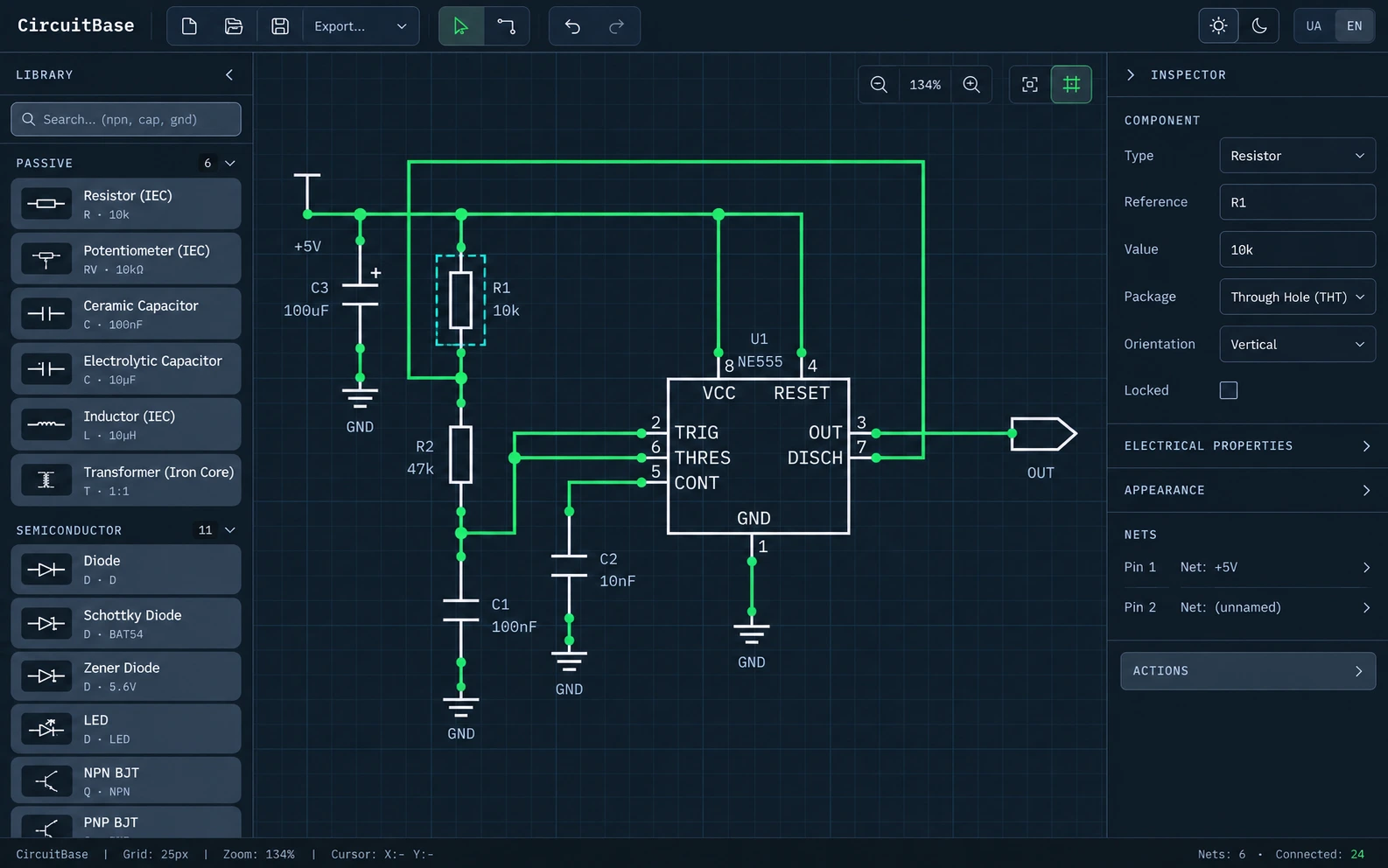 CircuitBase Web CAD editor with a demonstration NE555 pulse generator circuit, component library, and properties inspector.
